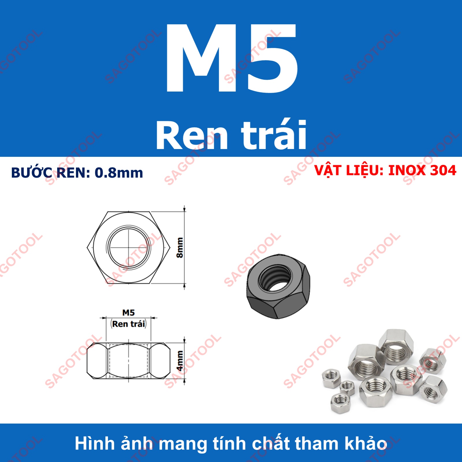 Đai Ốc ren trái, Tán Ecu ren ngược Inox 304 dùng cho bulong M3 đến M16 - Ảnh 7