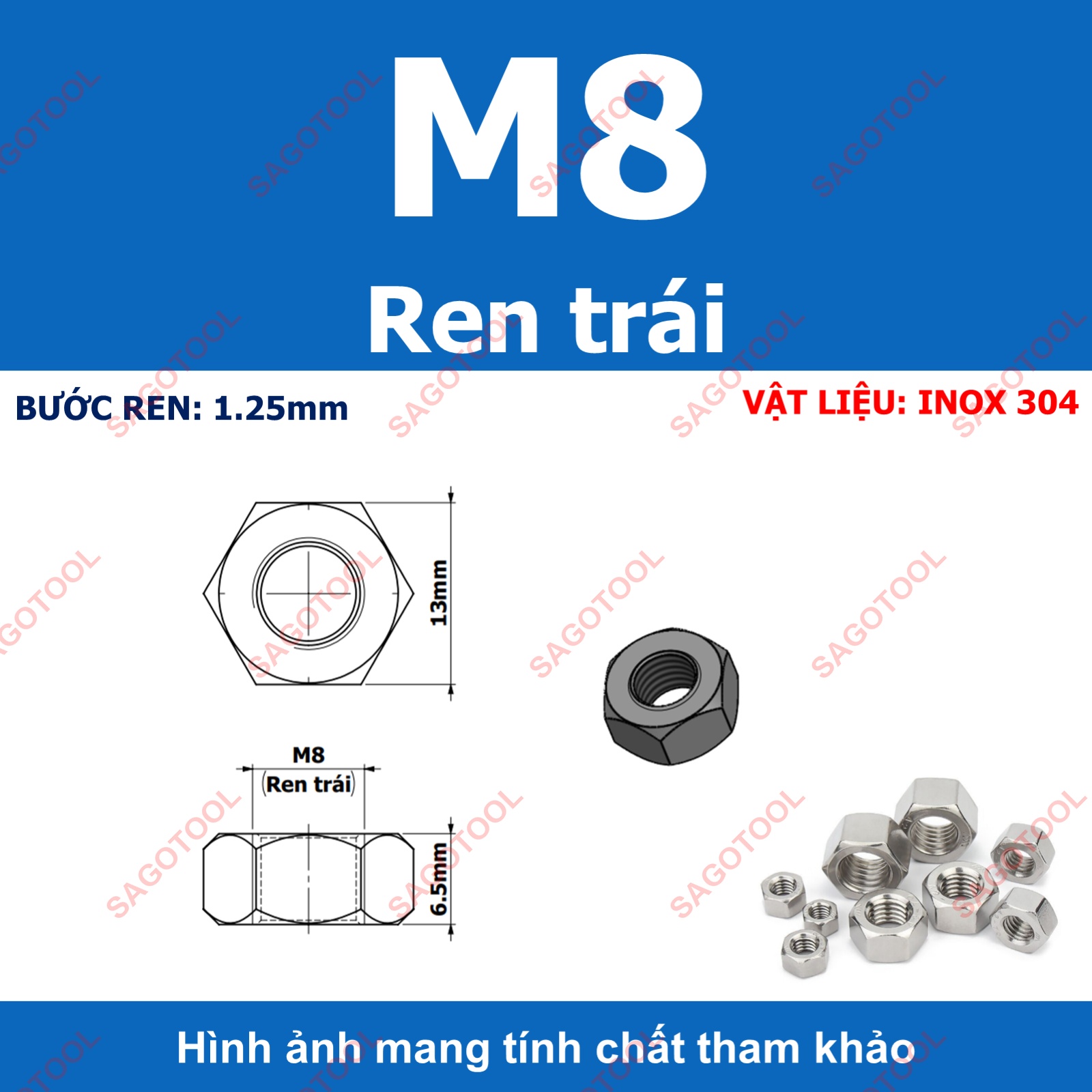 Đai Ốc ren trái, Tán Ecu ren ngược Inox 304 dùng cho bulong M3 đến M16 - Ảnh 9