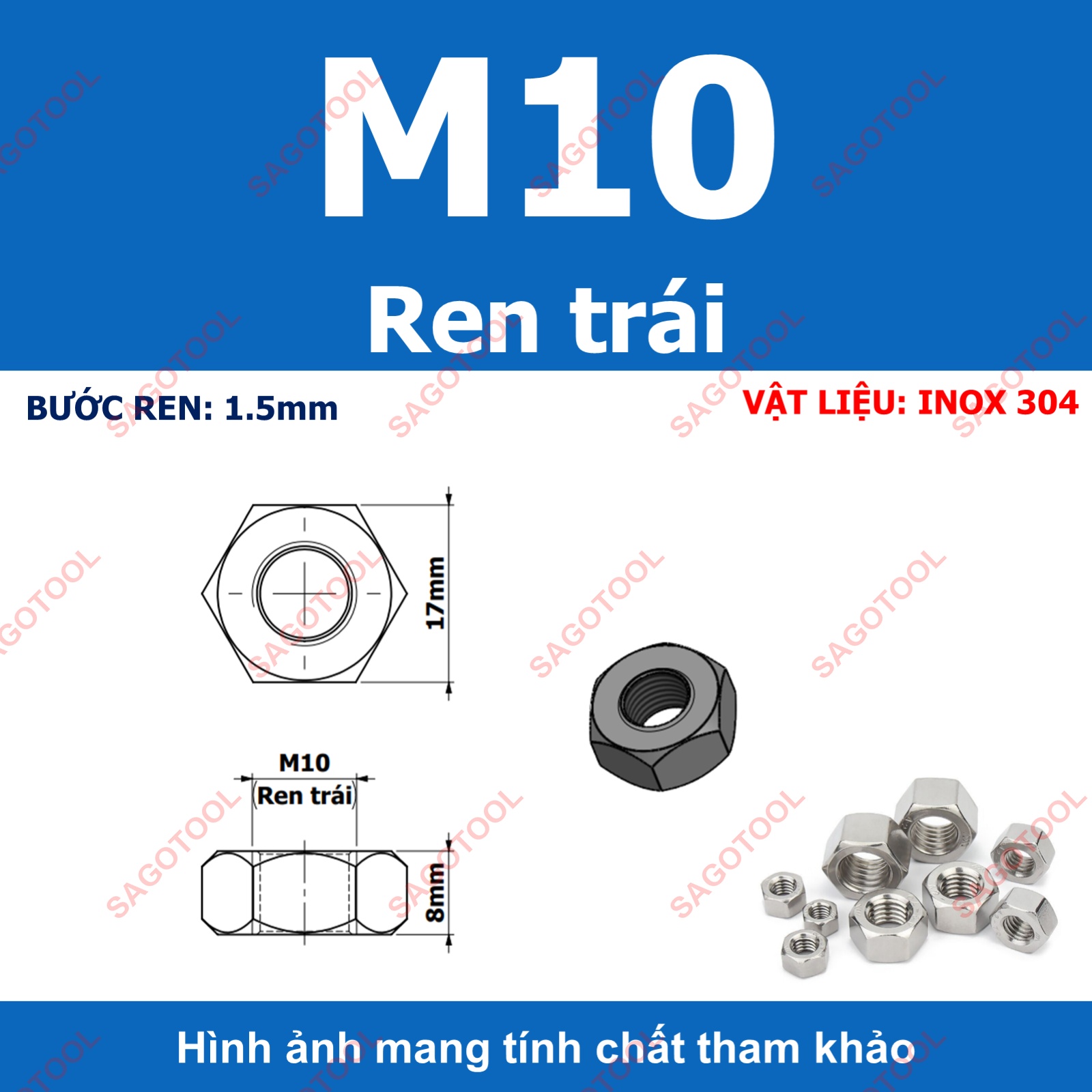 Đai Ốc ren trái, Tán Ecu ren ngược Inox 304 dùng cho bulong M3 đến M16 - Ảnh 10
