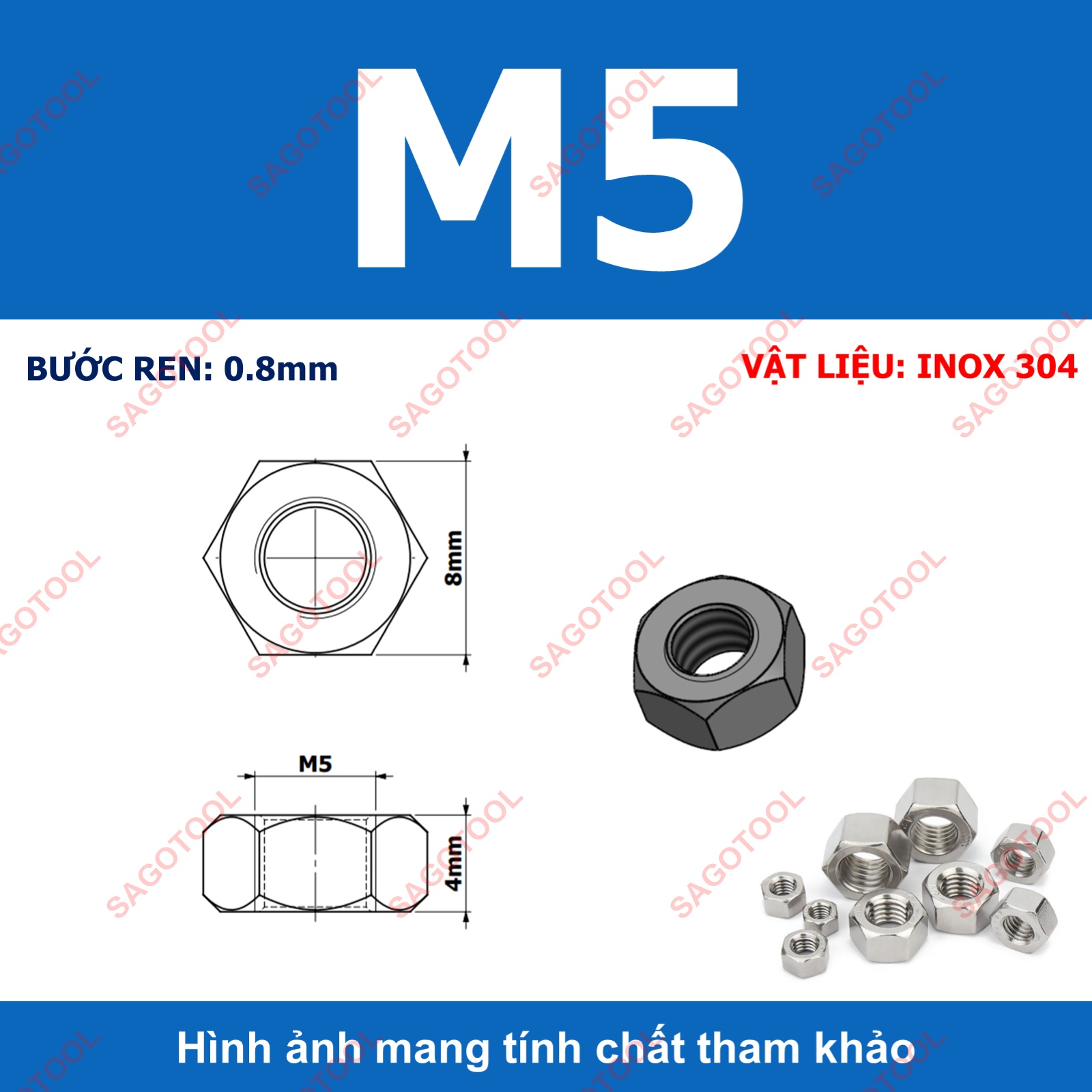 Đai Ốc, Tán Dẹp, Tán Ecu Inox 304 Dùng Cho Bulong M3, M4, M5, M6, M8, M10, M12 Loại Tốt 10con - Ảnh 11