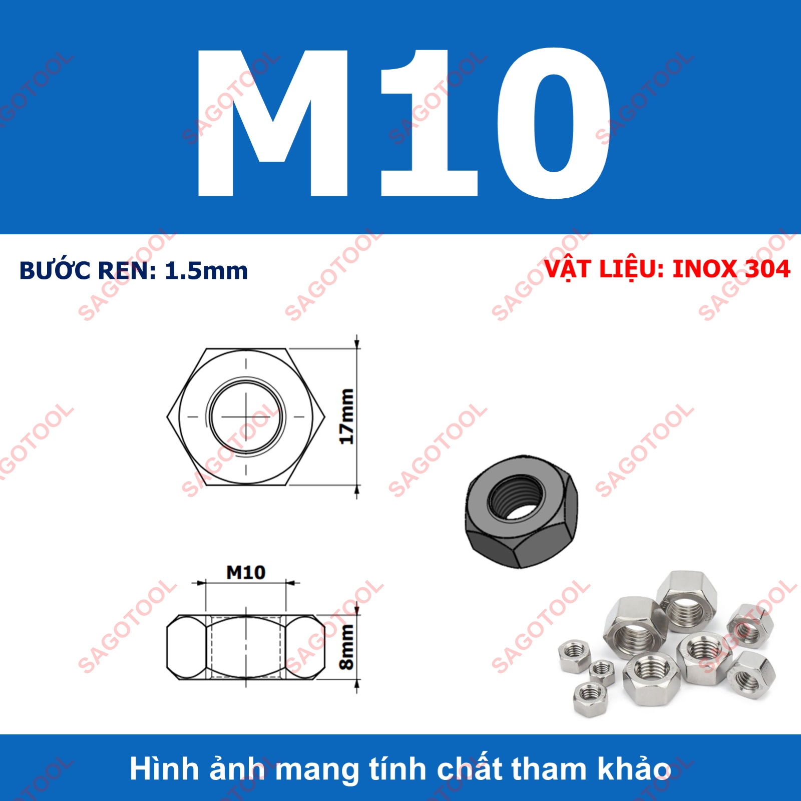 Đai Ốc, Tán Dẹp, Tán Ecu Inox 304 Dùng Cho Bulong M3, M4, M5, M6, M8, M10, M12 Loại Tốt 10con - Ảnh 14