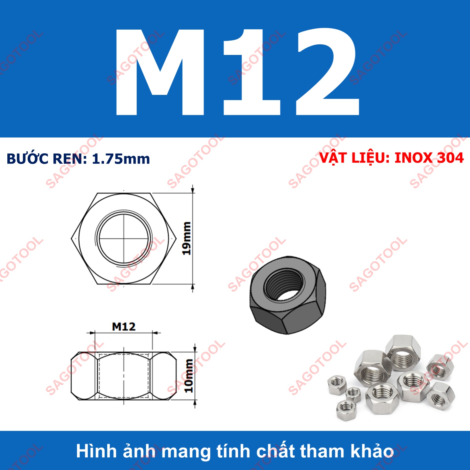 Đai Ốc, Tán Dẹp, Tán Ecu Inox 304 Dùng Cho Bulong M3, M4, M5, M6, M8, M10, M12 Loại Tốt 10con - Ảnh 15