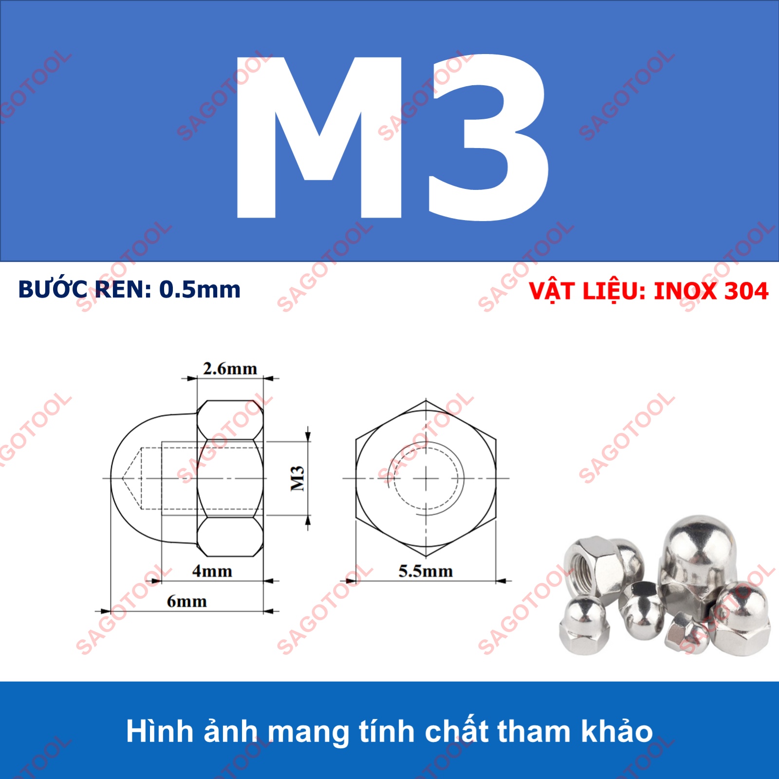 Tán bầu, Đai ốc mũ, đai ốc chỏm cầu INOX 304 M3 M4 M5 M6 M8 M10 M12 10Con - Ảnh 11