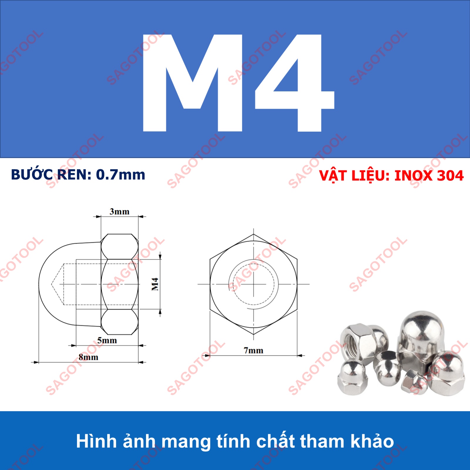 Tán bầu, Đai ốc mũ, đai ốc chỏm cầu INOX 304 M3 M4 M5 M6 M8 M10 M12 10Con - Ảnh 12