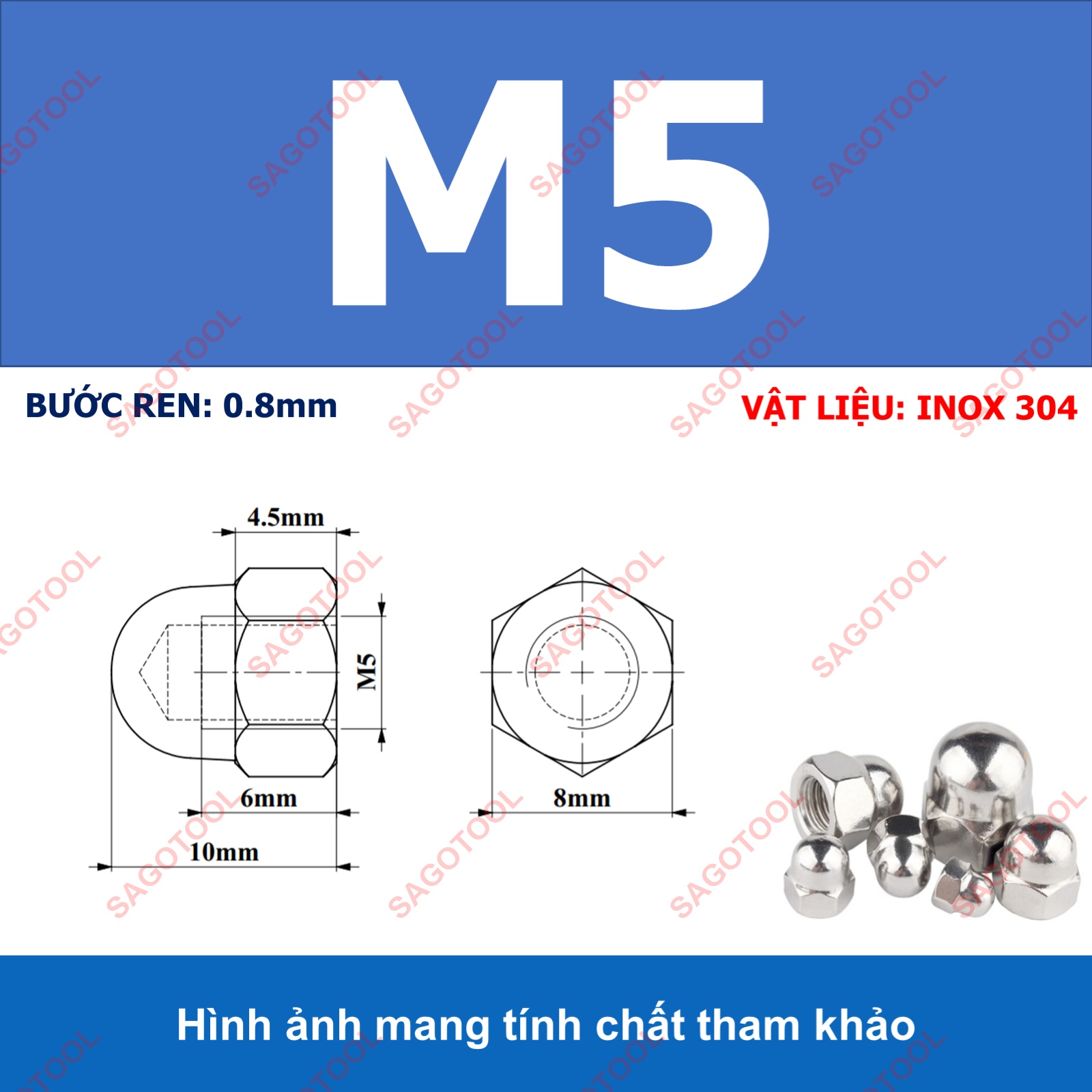 Tán bầu, Đai ốc mũ, đai ốc chỏm cầu INOX 304 M3 M4 M5 M6 M8 M10 M12 10Con - Ảnh 13
