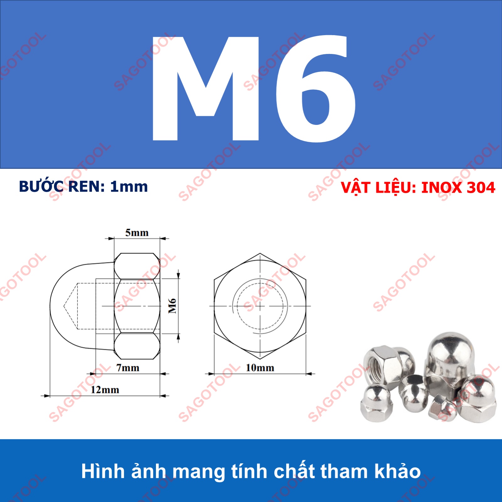 Tán bầu, Đai ốc mũ, đai ốc chỏm cầu INOX 304 M3 M4 M5 M6 M8 M10 M12 10Con - Ảnh 14