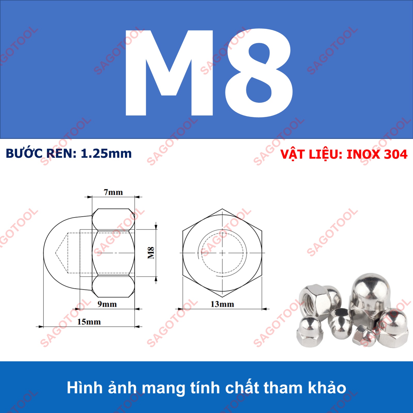 Tán bầu, Đai ốc mũ, đai ốc chỏm cầu INOX 304 M3 M4 M5 M6 M8 M10 M12 10Con - Ảnh 15