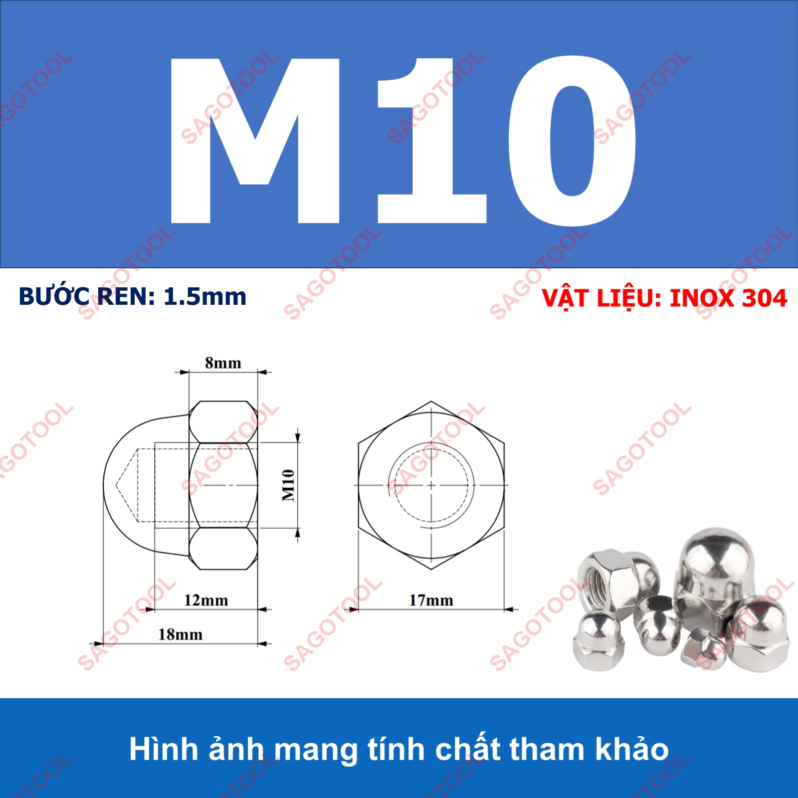 Tán bầu, Đai ốc mũ, đai ốc chỏm cầu INOX 304 M3 M4 M5 M6 M8 M10 M12 10Con - Ảnh 16