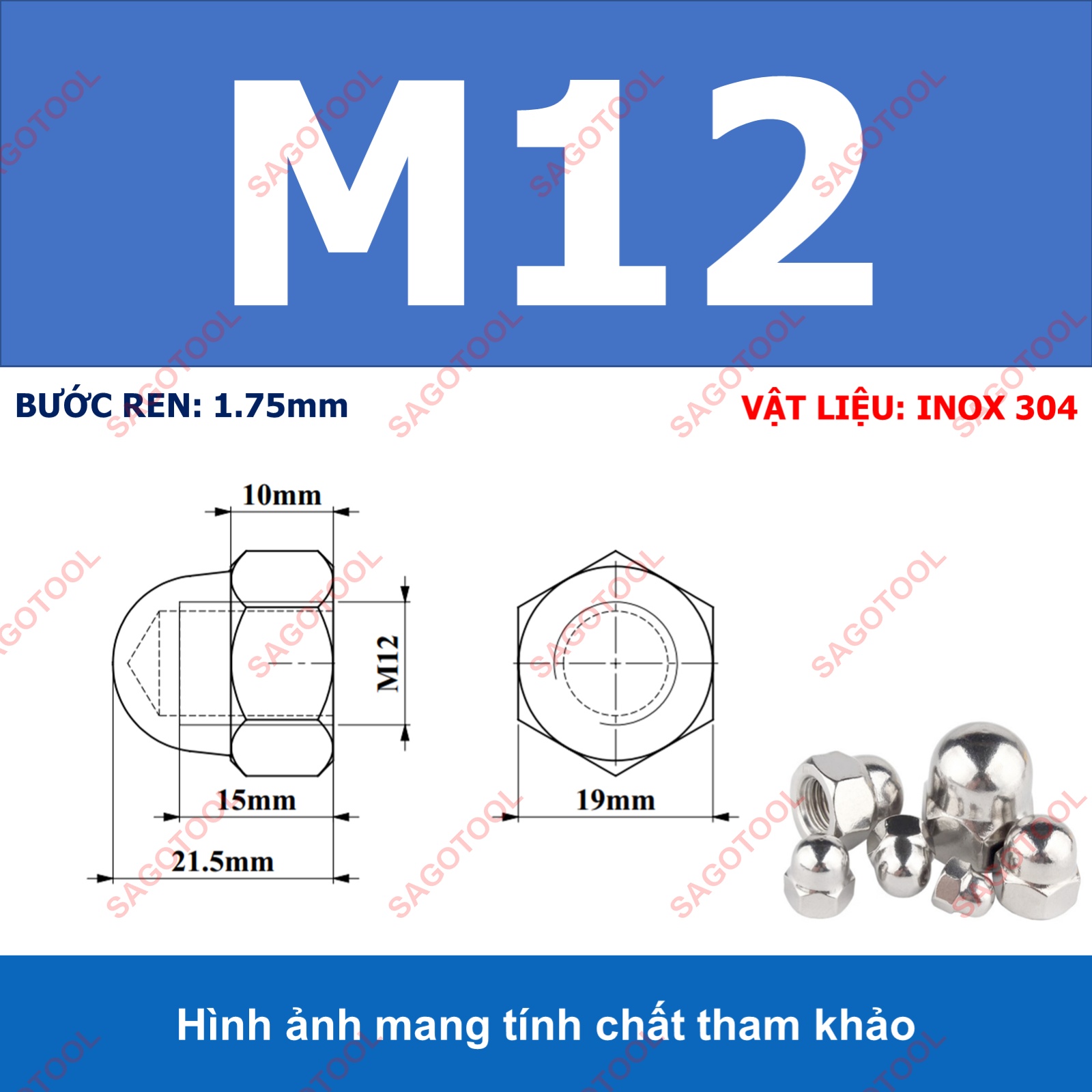 Tán bầu, Đai ốc mũ, đai ốc chỏm cầu INOX 304 M3 M4 M5 M6 M8 M10 M12 10Con - Ảnh 17