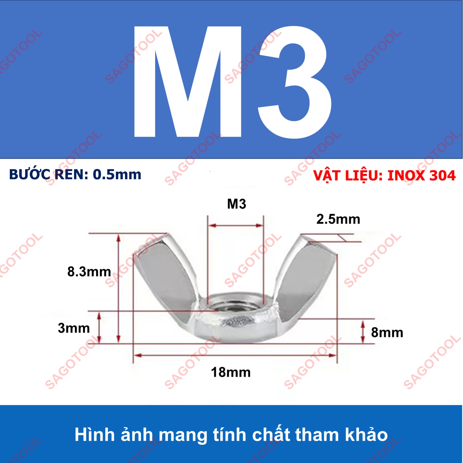 Đai ốc cánh bướm vặn tay INOX 304 - Tán chuồn size M3 M4 M5 M6 M8 M10 - Ảnh 12