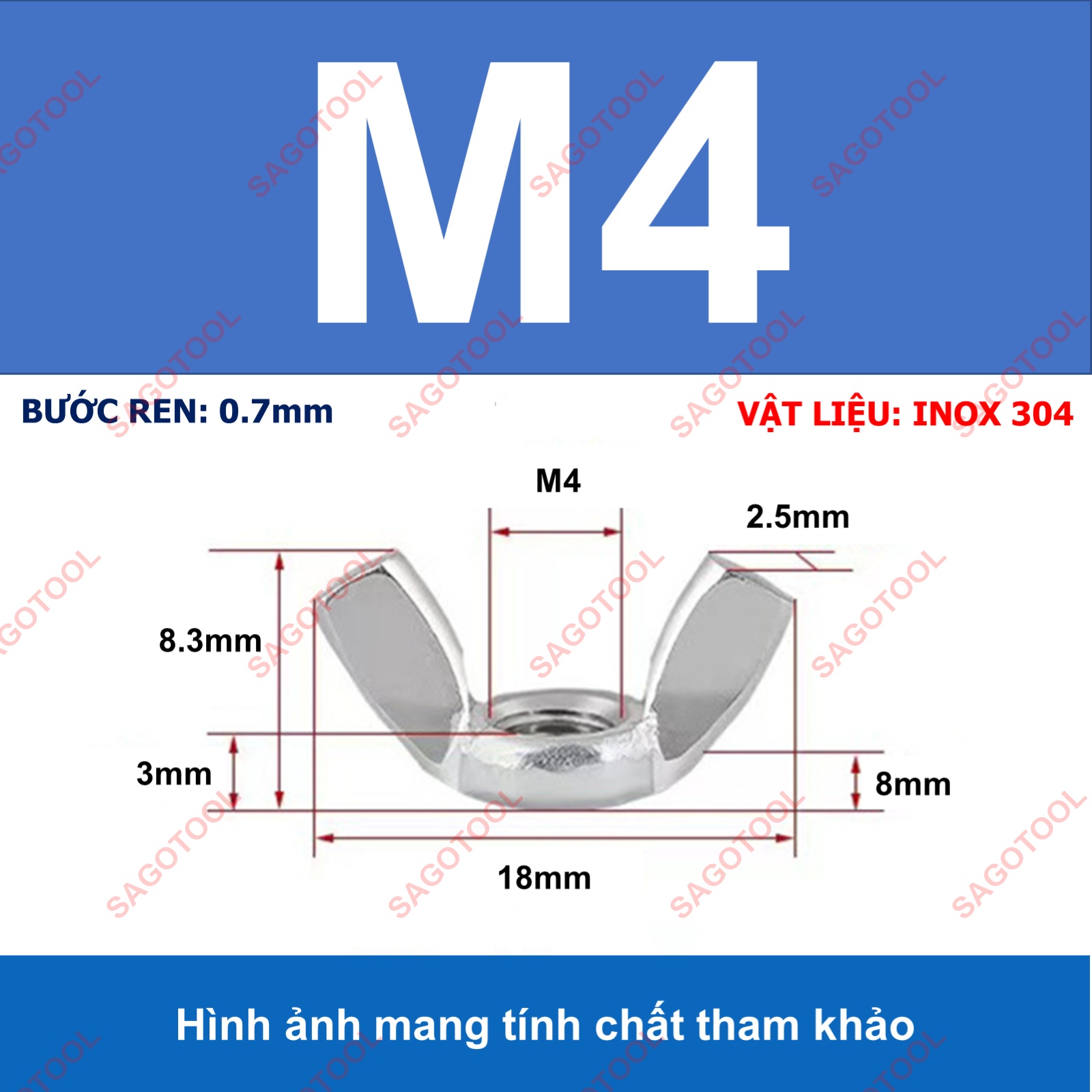 Đai ốc cánh bướm vặn tay INOX 304 - Tán chuồn size M3 M4 M5 M6 M8 M10 - Ảnh 13