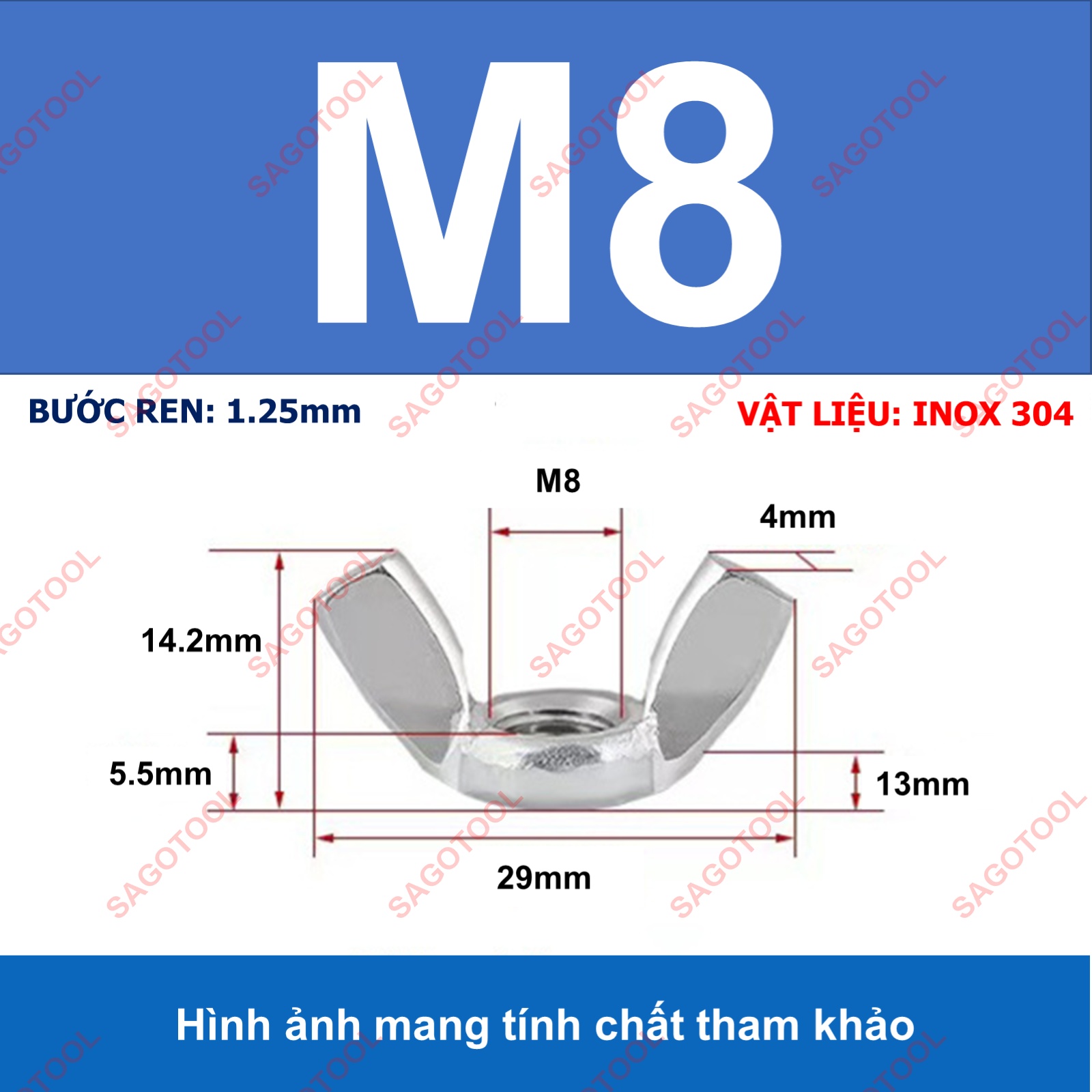 Đai ốc cánh bướm vặn tay INOX 304 - Tán chuồn size M3 M4 M5 M6 M8 M10 - Ảnh 16