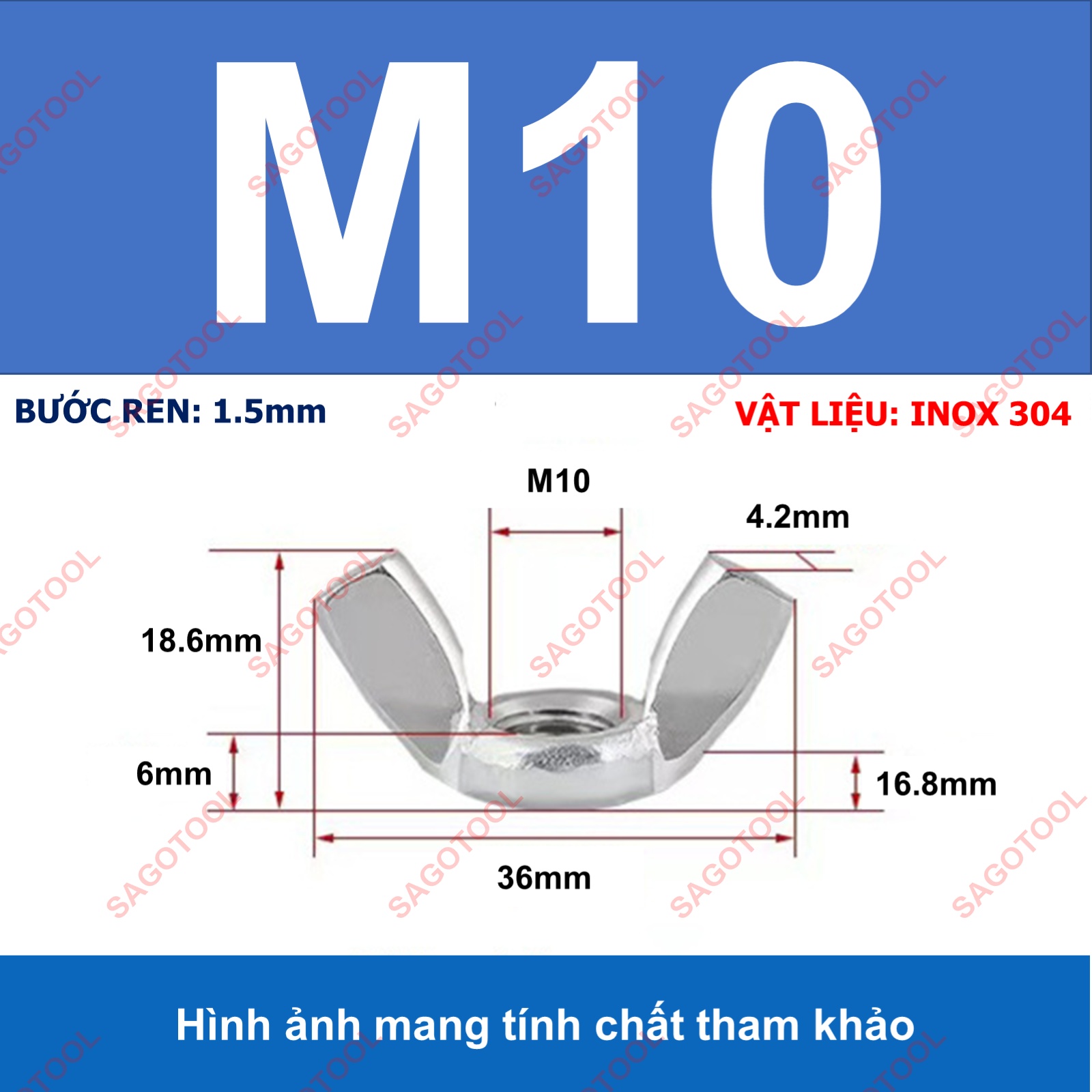 Đai ốc cánh bướm vặn tay INOX 304 - Tán chuồn size M3 M4 M5 M6 M8 M10 - Ảnh 17