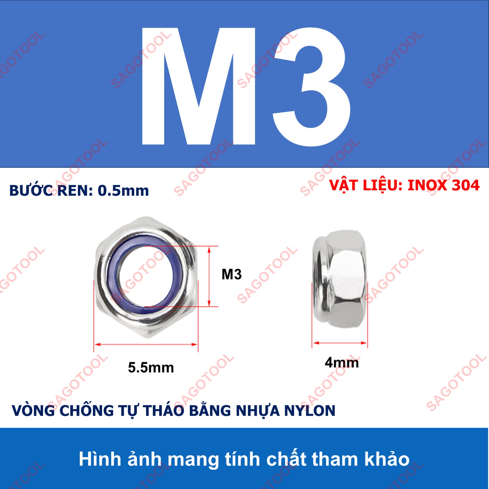 Đai Ốc, Tán Keo Chống Tháo Inox 304 M3, M4, M5, M6, M8, M10, M12 loại tốt - Ảnh 13
