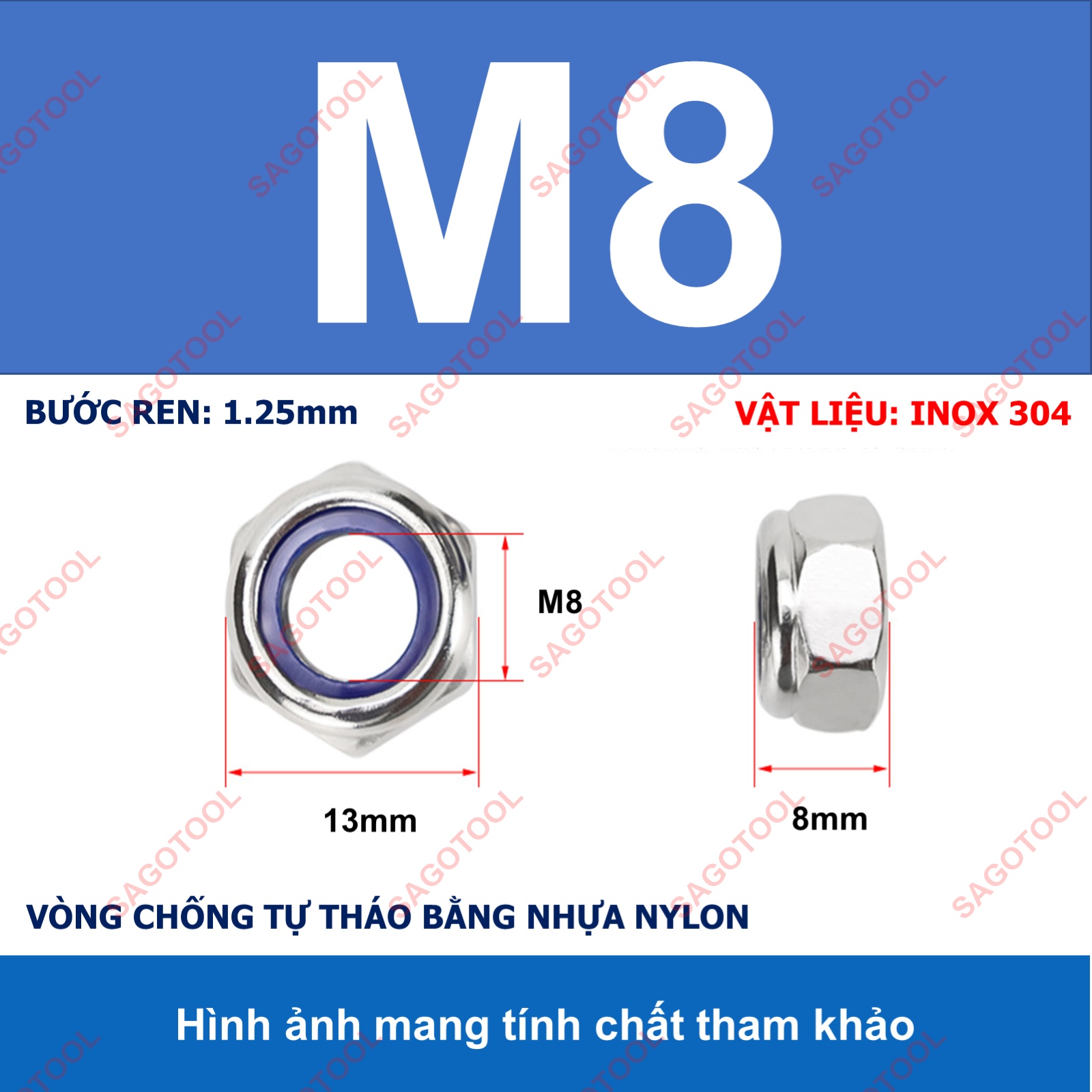 Đai Ốc, Tán Keo Chống Tháo Inox 304 M3, M4, M5, M6, M8, M10, M12 loại tốt - Ảnh 17