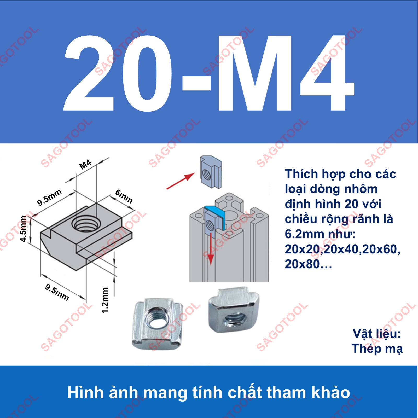 Tán chữ T, Đai ốc luồn nhôm định hình 2020 3030 4040 ren M4 M5 M6 M8 (10con) - Ảnh 6