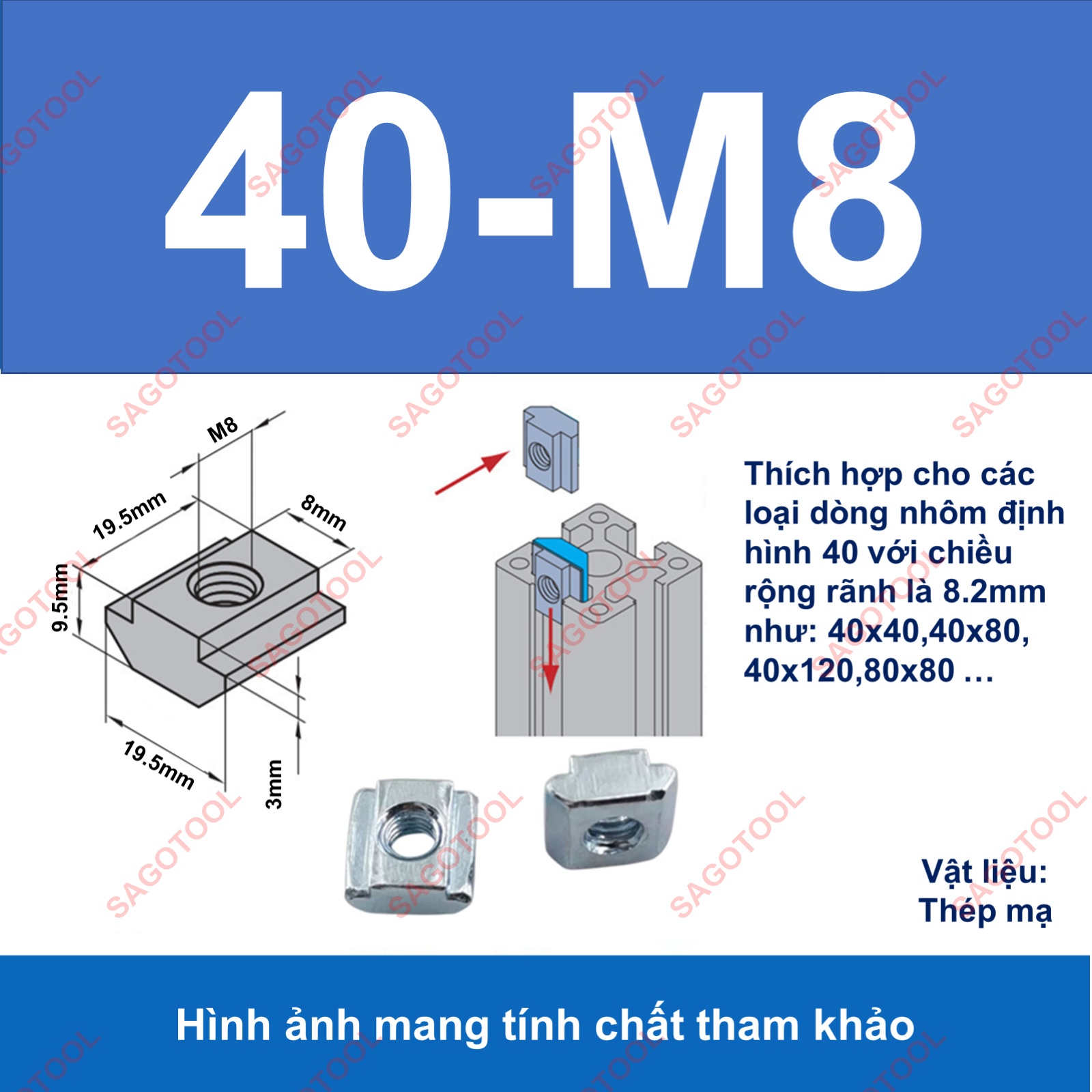 Tán chữ T, Đai ốc luồn nhôm định hình 2020 3030 4040 ren M4 M5 M6 M8 (10con) - Ảnh 16