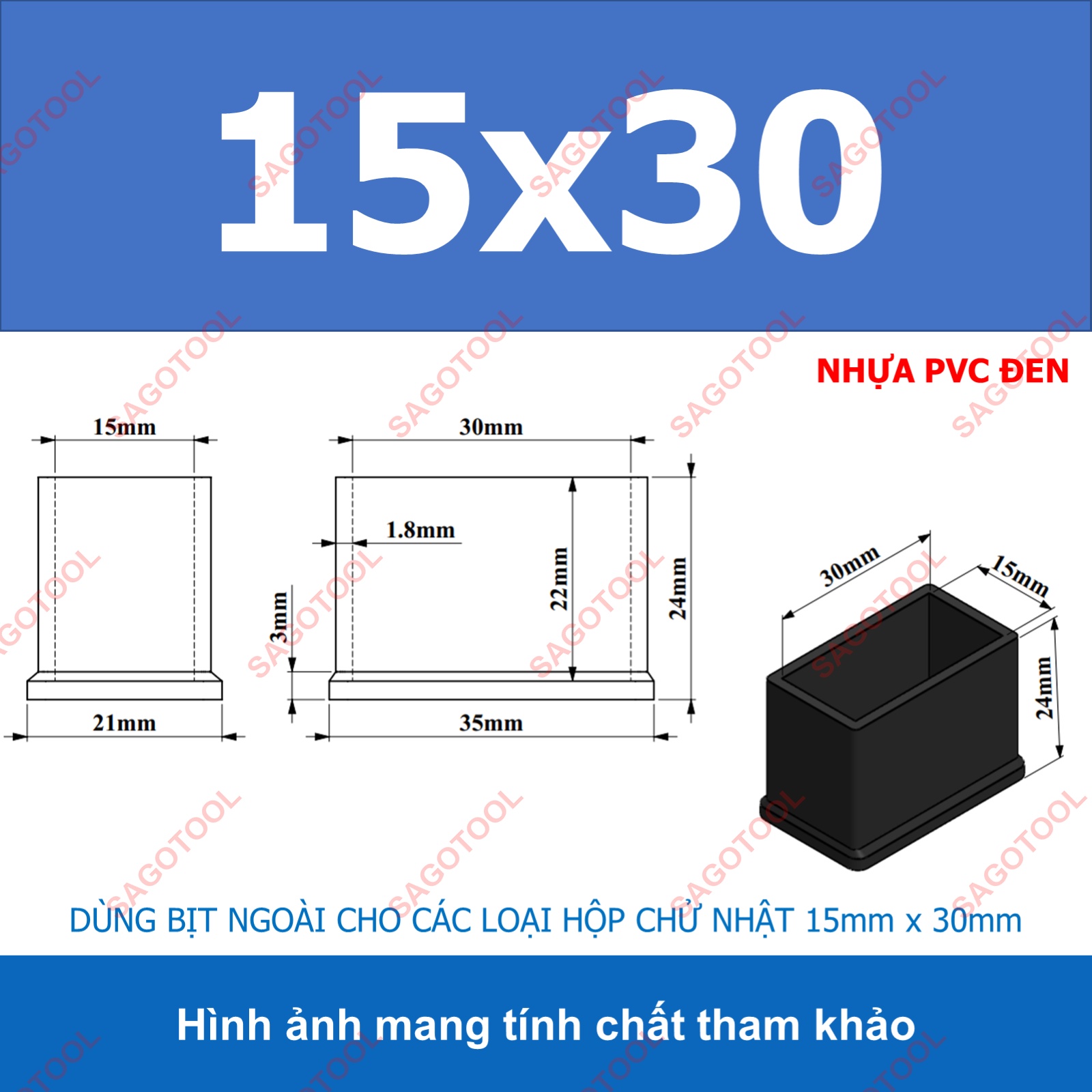 Đầu bịt ngoài cho sắt hộp chữ nhật 15x30 - 50x100, nắp bịt chân bàn ghế loại nhựa (5 cái) - Ảnh 6