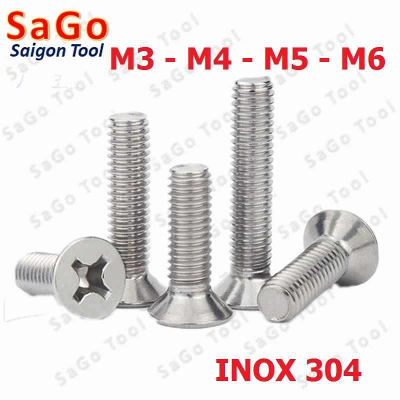Ốc Vít inox pake đầu bằng INOX 304 M3 M4 M5 M6 Bu lông inox đầu bằng 10 con