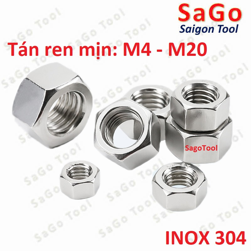 Đai Ốc inox 304 ren mịn, Tán Ecu ren nhuyễn Dùng Cho Bulong M4, M5, M6, M8, M10, M12, M16, M18, M20