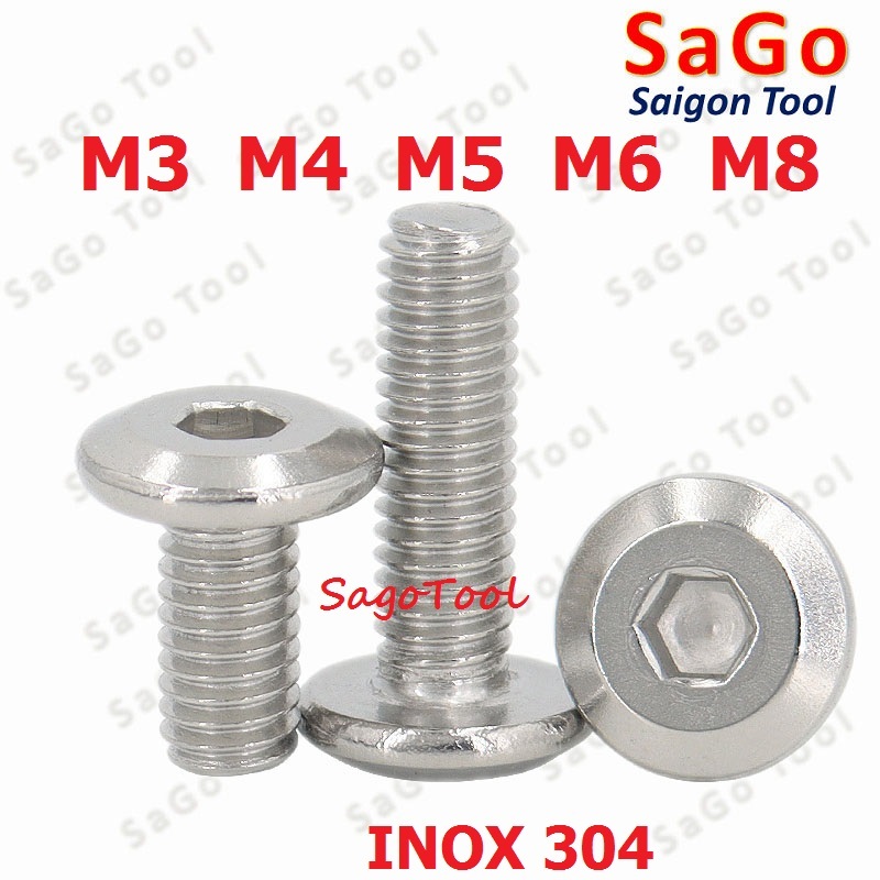 Ốc vít inox 304 đầu lục giác dẹp mỏng vát 3ly 4ly 5ly 6ly 8ly (10 con)